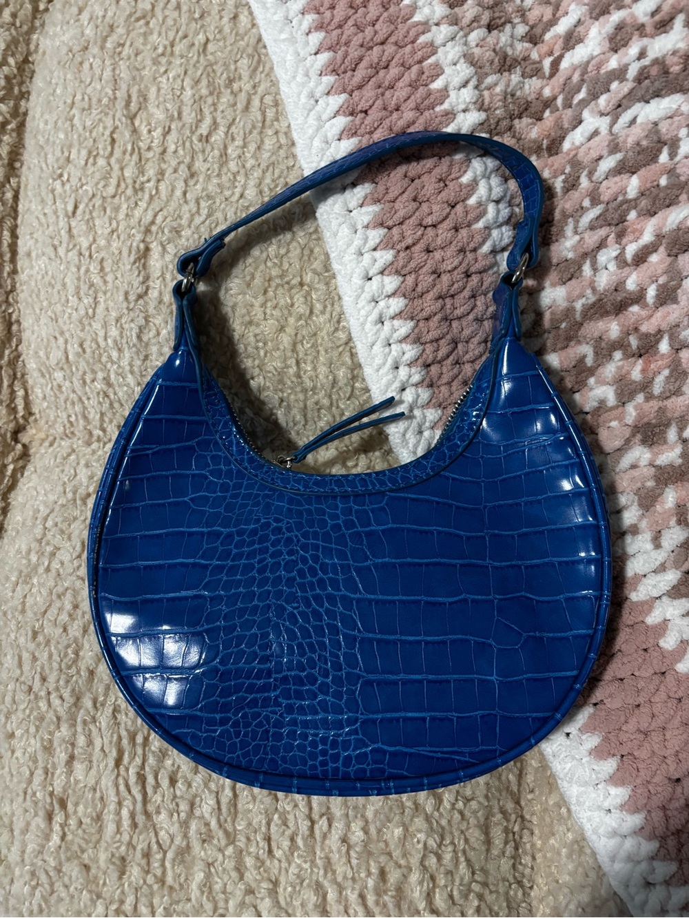 Cobalt Croc-Embossed Crescent Shoulder Bag
